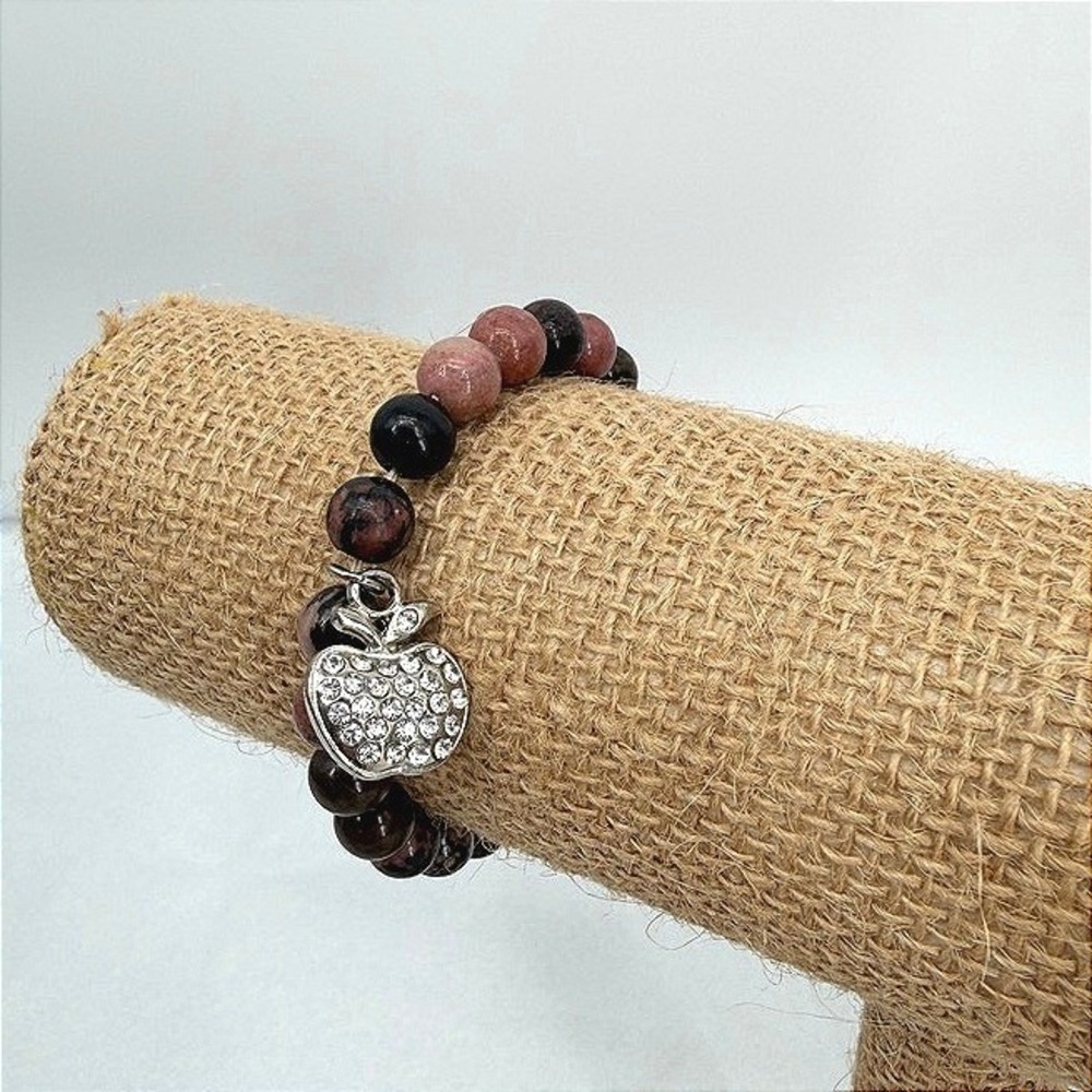 Rhodonite Beaded Bracelet Apple Charm Rhinestone Stretch Gift One Size